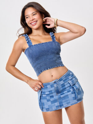 MINIFALDA SHORT JEANS CALI CUADROS- CELESTE